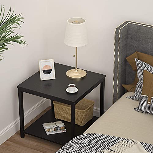 Homieasy Black 20-Inch Square 2-Tier Metal Wood Side Table - Modern Industrial Nightstand