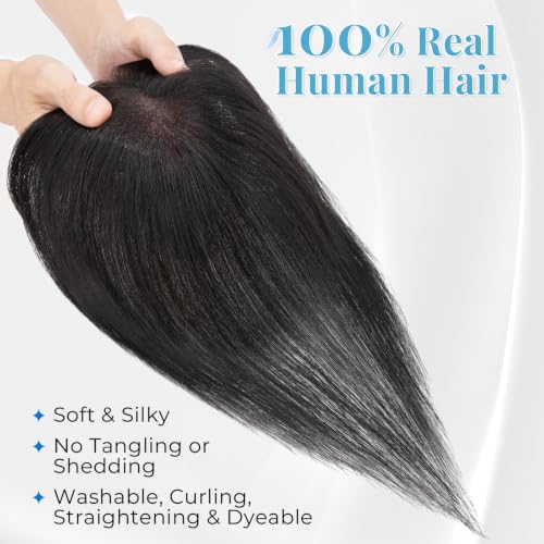 Human Hair Topper for Women 11 Inch Black Natural Black with Bangs - Tangle-Free & Breathable
