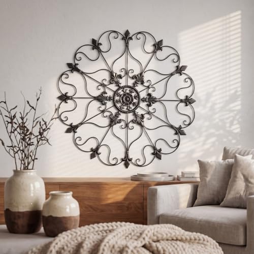 30-Inch Wrought Iron Wall Art with Vintage Fleur-de-Lis Scroll Design