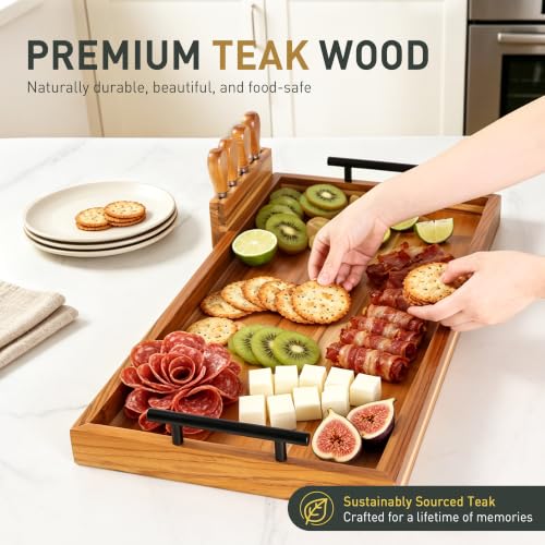 Large 36 Inch Teak Charcuterie Board with 4-Piece Cheese Knife Set & Handles - Variation of THIS listing
