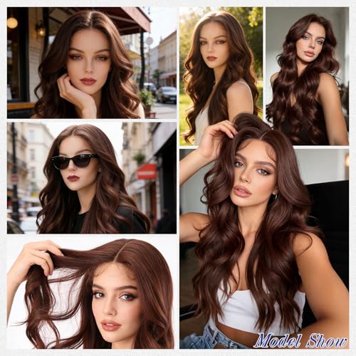 WIGENIUS 24 Inch Curly Synthetic Lace Front Wig - Matte Burgundy Brown Wavy Middle Part with Baby Hair, Breathable Heat-Resistant Hair, T433/327HD