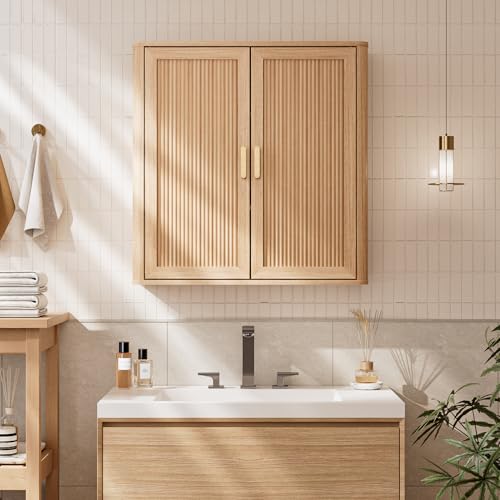 INNOD Wood Wall-Mounted Bathroom Cabinet Over Toilet Storage with Adjustable Shelf (Natural Oak) - Included Doors