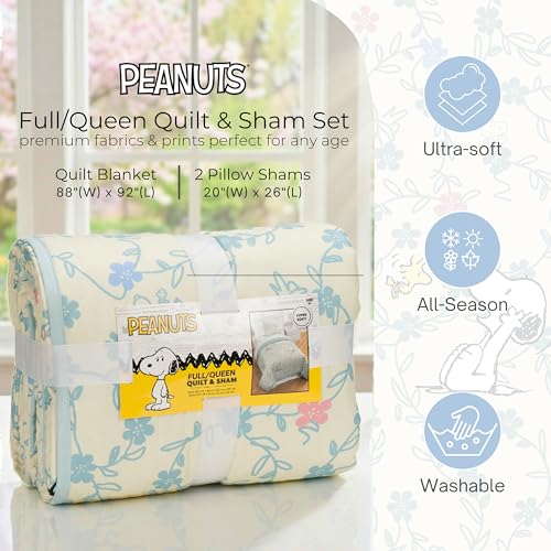 Franco Peanuts Snoopy Floral Full/Queen Microfiber Quilt Set with 2 Shams - All-Season Lightweight Bedding