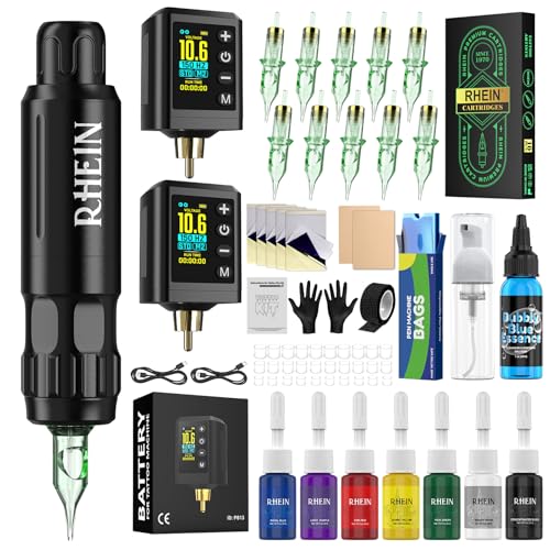 RHEIN Wireless Rotary Tattoo Pen Kit for Beginners - Complete Starter Set with 2 Power Supplies & Needles
