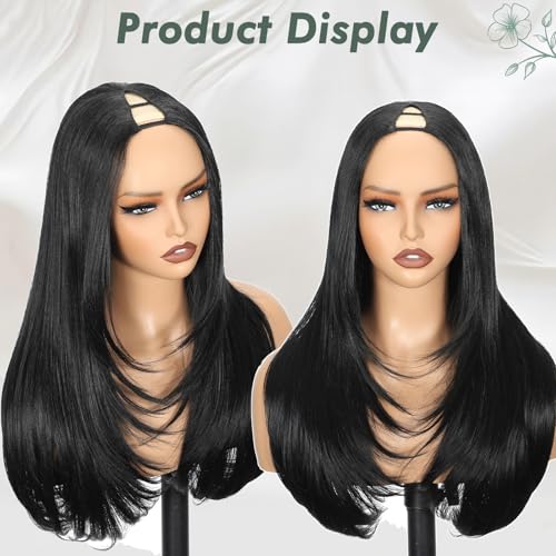 24 Inch Black V Part Wig for Black Women Natural Straight Clip-In Glueless Synthetic Hair