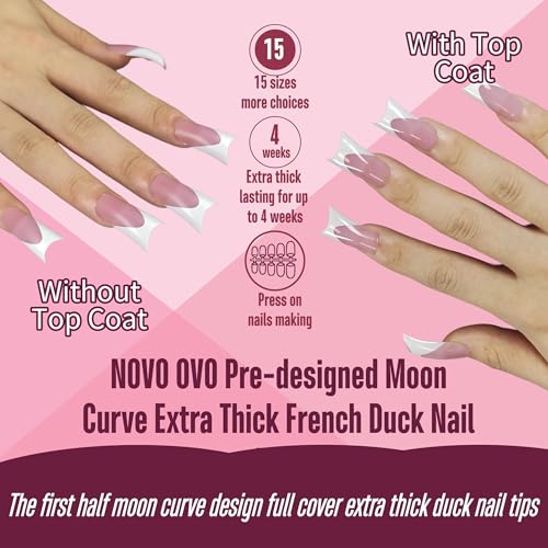 NOVO OVO Halloween White French Tip Duck Feet Nail Tips BERRY PINK Full Cover Press on Acrylic with Moon Curve, Thick Medim Long Pre-Etched Matte Wide Soft Gel False Nail Extension x 15 Sizes 150 pcs