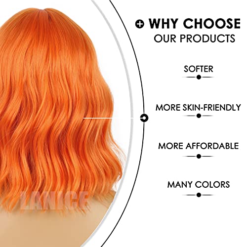 LANICE Short Wavy Cosplay Wigs with Bangs - Orange, 12 Inch Synthetic Hair for Women