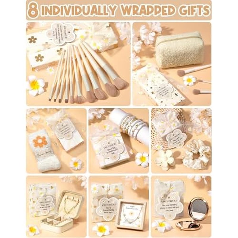 Christmas Gifts for Tween & Teen Girls - 8 PCS Birthday Gifts Basket Teen Girls Trendy Stuff w/ Fun Task Tags Make up Brushes & Bag, Empower Advent Calendar Wrapped Gifts Box for Daughter Niece Sister