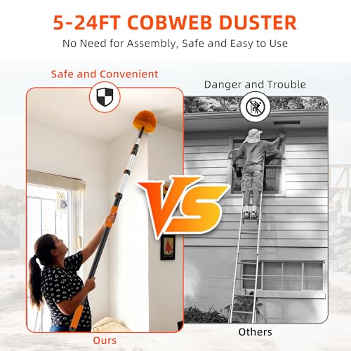 30 FT Reach Cobweb Duster with 5-24FT Telescoping Pole, Reusable & Washable Home Cleaning Tool