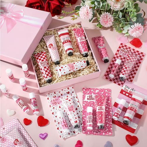 Valentine's Day Hand Cream & Lip Balm Gift Sets - 6 Mini Moisturizing Kits with Heart Design - Perfect for Galentine's Day, Teachers, Coworkers