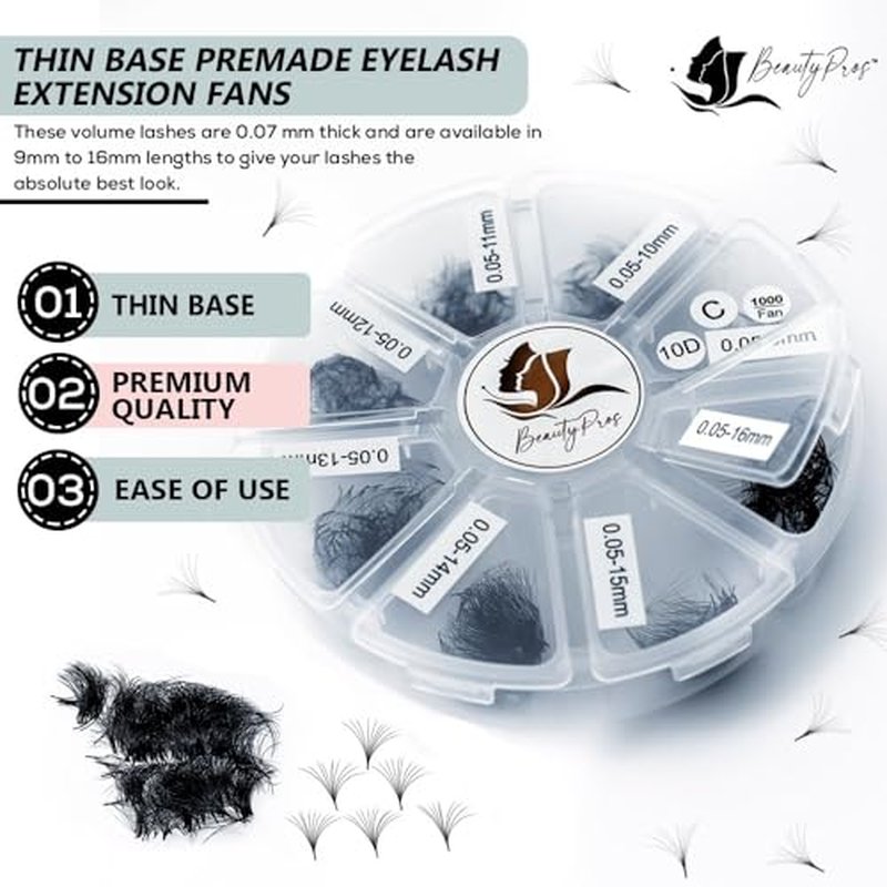 10D Premade Volume Lash Extension Kit- 5D Mixed Tray 1000 Premade Fans Eyelash Extensions - Promade Lash Fans Pointed Handmade Premade - Loose Fans Thin Base (10D C-Curl 9-16mm)