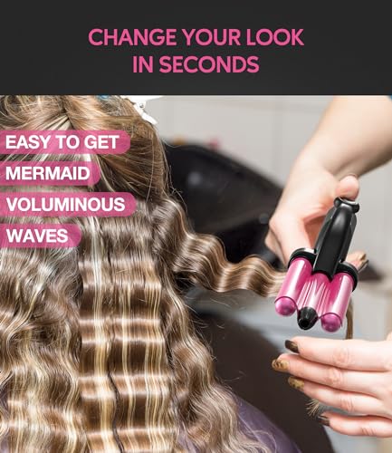 Farery Mini 3 Barrel Hair Waver - Pink Beach Wave Curling Iron for Short Hair, 1/2 Inch Ceramic Crimper, Travel Dual Voltage with Pouch