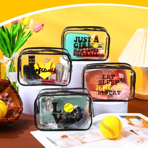 Reginary 12 Pcs 7 x 4.7 x 2.4'' Softball Makeup Bag Softball Gifts for Team Clear PVC Softball Cosmetic Case Softball Goodie Bag Stuffers Accessories for Woman Toiletry Zipper Pouch Team Party Favors