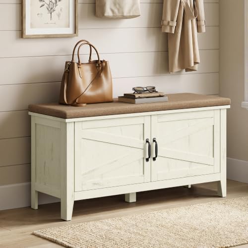 VASAGLE Farmhouse Entryway Shoe Bench with Cushion, Rustic White & Walnut Brown, 39.4 Inches Wide