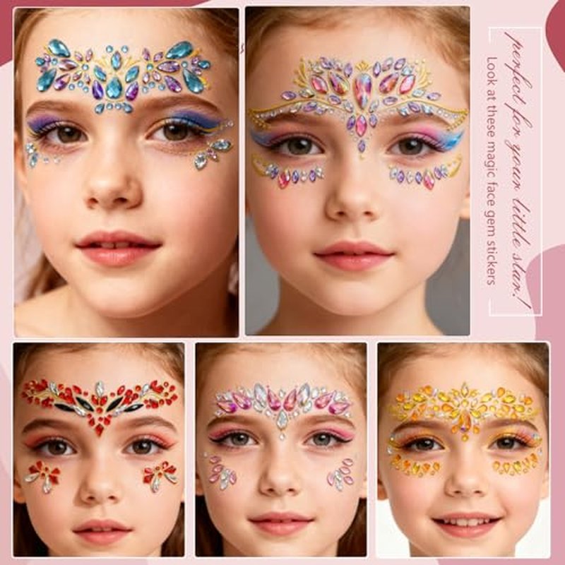 8 Sheets Mermaid Face Jewels Stick On,Self-Adhesive Face Gems,Temporary Crystal Stickers Sparkling Acrylic Face Rhinestones,Waterproof Face Jewels Rhinestone for Birthday Festival Music Carnival Party