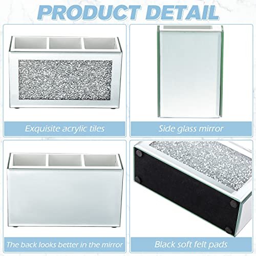 Mirrored Makeup Brush Holder with Crushed Diamond 3 Slots - Vanity Organizer