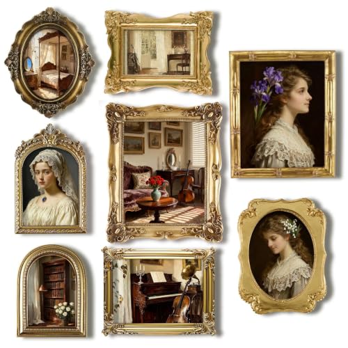 Lineshading Vintage Gold Picture Frames Set - Ornate Antique Gallery Wall, 8 Pcs