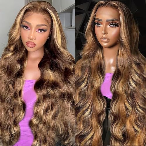 26 Inch Honey Blonde Highlight Human Hair Body Wave Lace Front Wig - 180% Density, 13x4 HD Transparent Lace, P4/27 Variation