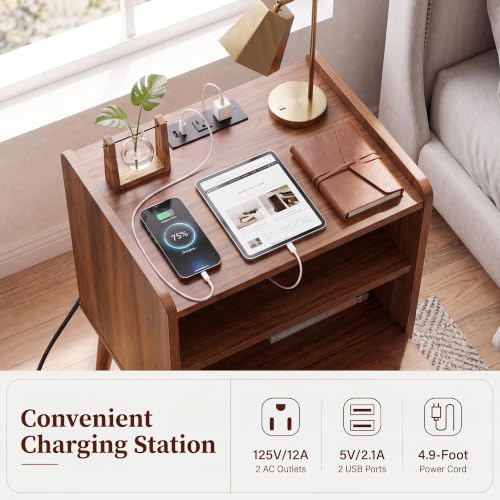 Nightstand with Charging Station - Walnut, 15.7" D x 11.8" W, Brown Variation