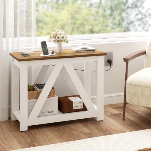 Farmhouse Narrow End Table with Charging Station - White & Honey Brown, Variation 1