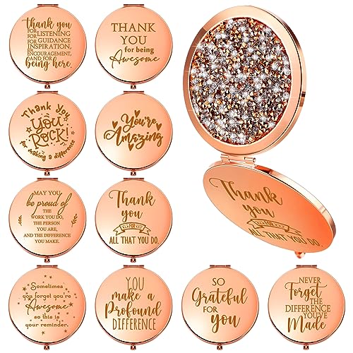 Kathfly 10 Pcs Thank You Gifts for Christmas Thanksgiving Women Mom Inspirational Compact Mirror Employee Appreciation Gifts Motivational Magnifying Pocket Mirror for Teachers(Rose Gold)