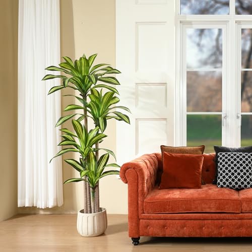 Artificial Dracaena Tree 6 Ft with Black Basket - Indoor Faux Plant, Realistic Decor