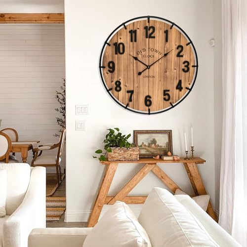 Large Rustic Farmhouse Wall Clock - 30 Inch Antique Wood & Metal Brown Variation