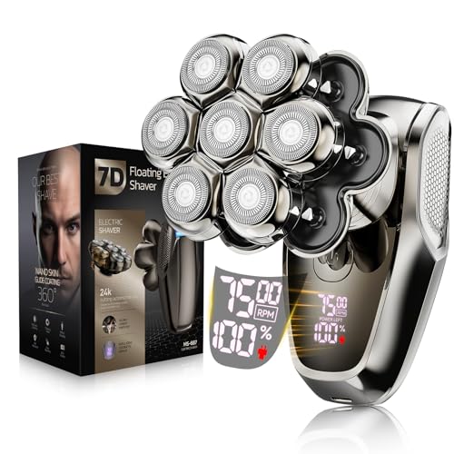 7D Waterproof Electric Head Shaver for Bald Men - Rechargeable Wet & Dry Rotary Razor with Detachable Head and LED Display