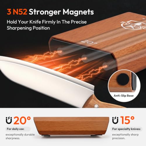 Knife Sharpener Kit with Diamond & Ceramic Discs, 15° & 20° Angles, Wooden Base