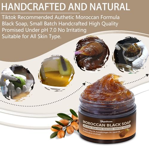 2 PCS Unrefined Moroccan Black Soap Handcrafted, Argan Oil Authetic Black Beldi Soap SPA Level Highly Moisturize, Purify and Soften Skin, with Laurel Oil for Face and Body, No Fragrance, 5.29 oz/150 g