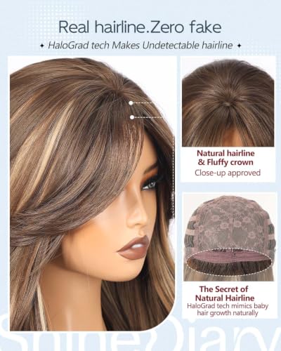 SHINEDIARY 26” Wavy Wigs with Bangs Latte Brown Balayage High Crown Voluminous Style