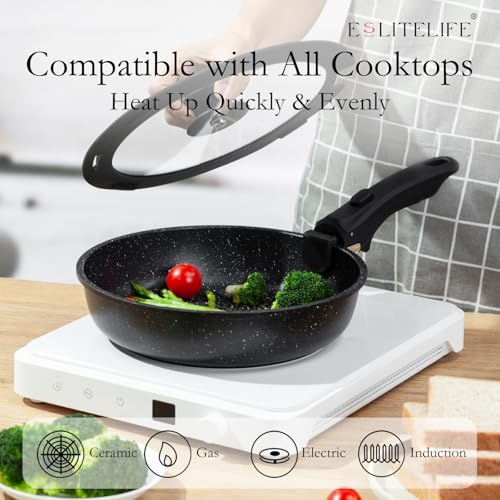 ESLITE LIFE 7-Piece Nonstick Skillet Set with Detachable Handles - Black, 8/9.5/11 Inch