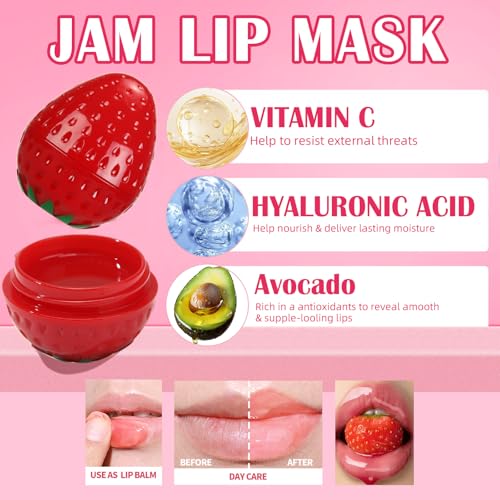 6 PCS Mini Bee Lip Balm Lip Mask Fruit Pot,Strawberry Lip Balm for Teens Girls 8-12,Peach,Cherry Moisturizing Lip Sleeping Mask Overnight Lip Treatment,Color lip Balm Gifts Set,Easter Basket Stuffers