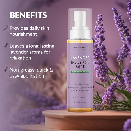 Majestic Pure Lavender Oil Body Mist- 100% Pure & Natural - After Shower Body Oils for Women and Men - Scented, Radiant, Skin Therapy Firming Massage Oil - 6.8 Fl Oz