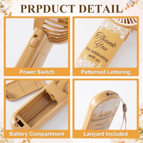 Brown Mini Electric Handheld Wedding Fans Pack of 50 with Thank You & Flower Patterns