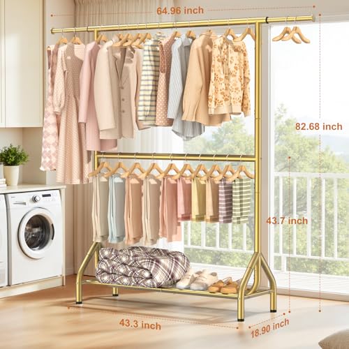 Heavy Duty Gold Clothing Rack with Double Rod & Shelves, 622 lbs Capacity, 82.68 Inch Tall Garment Organizer