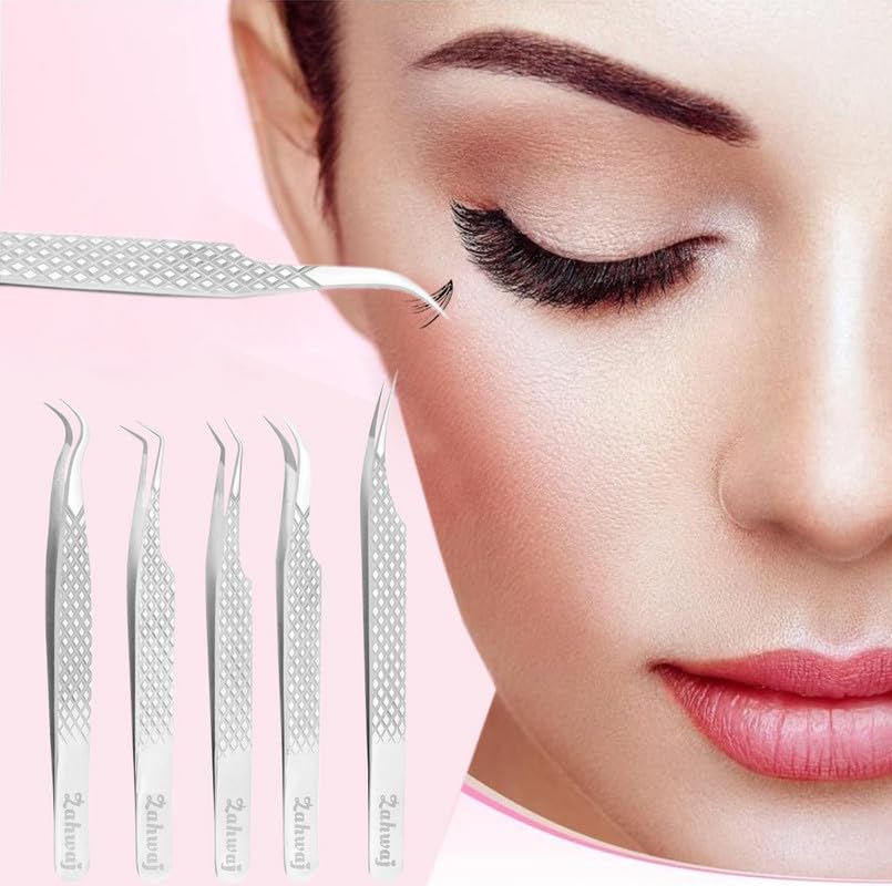 ZAHWAJ Fiber Tip Lash Tweezers - Set of 5 Diamond Grip Eyelash Extension Tweezers, Japanese Stainless Steel Tweezers Set for Volume, Isolation & Classic Lashes (Silver)