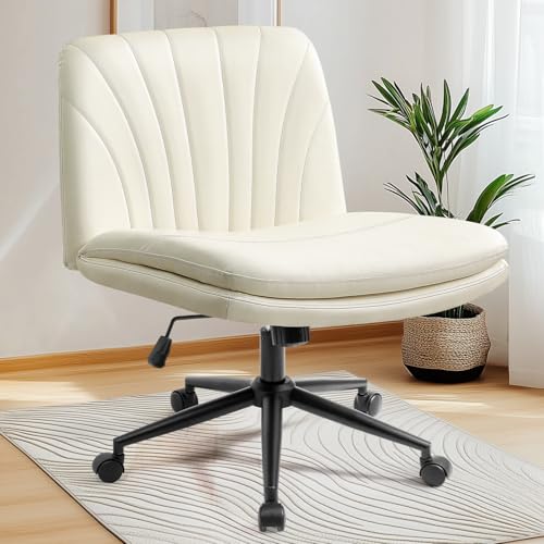 NeO Chair Ivory PU Leather Criss Cross Office Chair with Wheels & Adjustable Swivel
