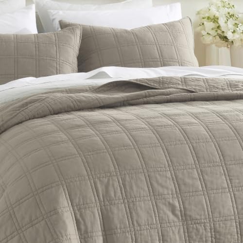 HORIMOTE HOME King Size 100% Cotton Quilt Set Taupe Geometric Pattern All Season Bedding