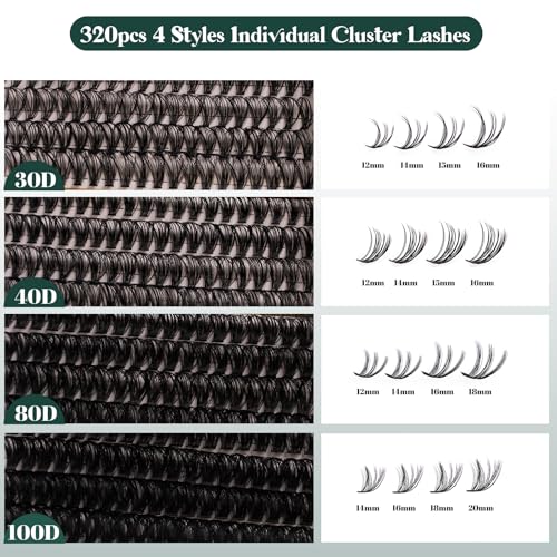 Lash Clusters 320PCS 12-20MM 30D+40D+80D+100D DIY Eyelash Extensions Kit Natural Individual Lashes Thick Volume Eyelash Clusters D Curly Lash Extension kit with Bond + Seal + Remover + Tweezers-4