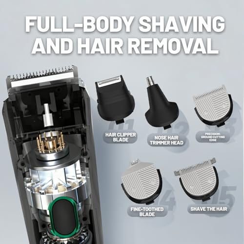 Electric Beard Trimmer for Men Upgraded 5 IN 1 Cordless Hair Clipper and Shaver Kit with Adjustable Grooming Attachments for Mustache Body Nose Hair, Rechargeable Hair Clippers with Sideburn Trimmer