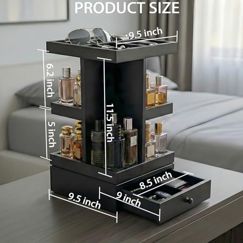 4-Tier Rotating Cologne Organizer for Men with Drawer - Modern Black