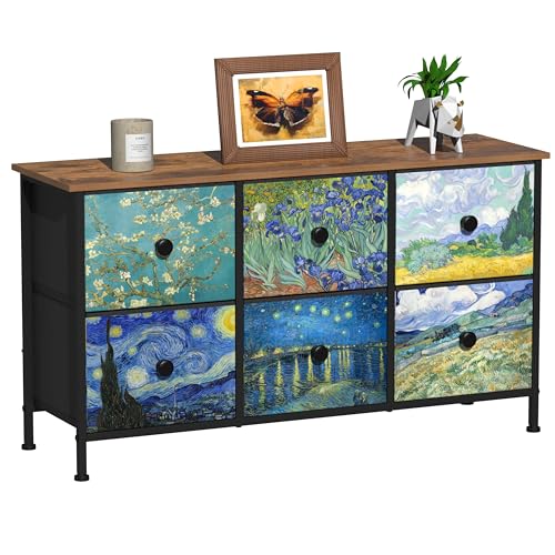 EXOTICA 6-Drawer Dresser with Van Gogh Pattern, 39x11.8x21.7 Inches, Fabric Storage, Wooden Top, Bedroom & Living Room Furniture