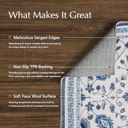 EverGrace 5x7 Porcelain Blue Floral Boho Indoor Outdoor Rug - Washable Low Pile Floor Mat for Living Room, Bedroom, Kitchen, Entryway