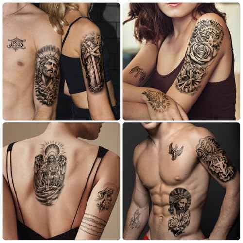77 Sheets Christian Temporary Tattoo Adult, Religious Jesus Christ Cross Angels God Half Arm Fake Tattoos, Christ Catholic Realistic Tiny Body Temporary Tattoos for Men and Women Kids