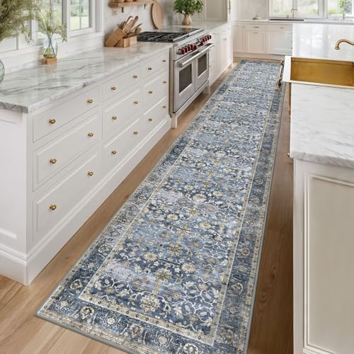 KUTA Vintage Washable Hallway Runner Rug 2.6x16 Feet Blue Grey Beige - Non-Slip, Durable, Kid & Pet Friendly