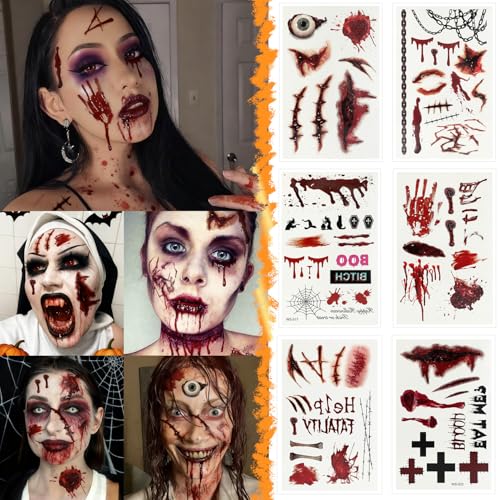 Halloween Face Tattoos, 12 Sheets Halloween Fake Scars Tattoo Makeup Kit, Fake Wound Realistic Blood Injury Cut Scratches Temporary Tatoos for Kids, Adults Men & Women Zombie Sticker