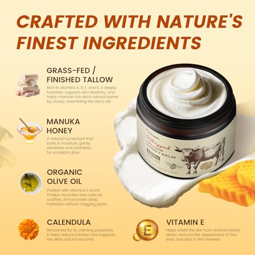 Whipped Beef Tallow and Manuka Honey Balm, Beef Tallow for Face, Unscented Skin Care for Dry and Sensitive Skin, Natural Tallow Balm for Hydration and Nourishment, 4 fl.oz