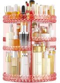 Pink 360° Rotating Makeup Organizer with Adjustable Compartments – Acrylic Cosmetic Caddy Shelf Storage for Lipsticks, Brushes & Accessories