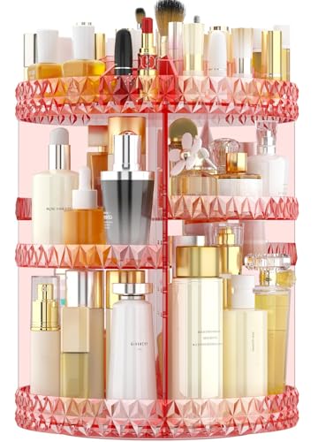 Pink 360° Rotating Makeup Organizer with Adjustable Compartments – Acrylic Cosmetic Caddy Shelf Storage for Lipsticks, Brushes & Accessories